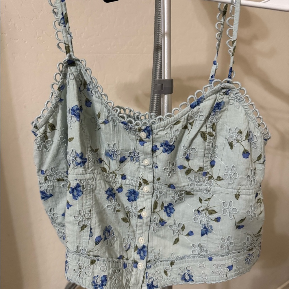 American Eagle Outfitters Floral Lace Crop Top - Light Blue and Dark Blue